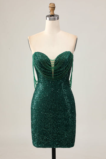 Sparkly Off The Shoulder Dark Green Bodycon Sequins Cocktail Dress